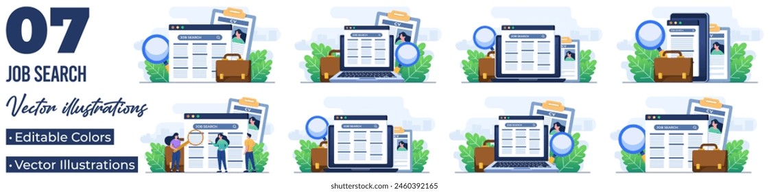  Set of flat illustrations of online job search, Recruitment, Human resources, Job interview, Online job advertisement, People looking for a job, Vacancies, Wanted, Hiring 