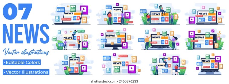 Conjunto de ilustraciones planas de la aplicación móvil de noticias en línea, artículo de noticias en línea, página web de Noticias, medios de comunicación en línea, boletín de Internet 
