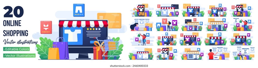 Conjunto de ilustraciones planas de compras en línea, comprar en línea, Sitio web de comercio electrónico, mercado digital o virtual, comprar ropa de tienda de ropa en línea 
