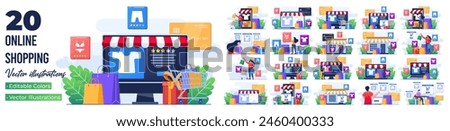 Set of flat illustrations of online shopping, Order online, e-commerce website, Digital or Virtual marketplace, buy clothes from online clothing store 

