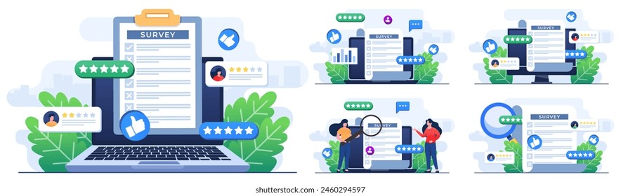 Set of flat illustrations of online survey concepts, Filling Test in Customer Survey Form, Customer experiences and satisfaction 