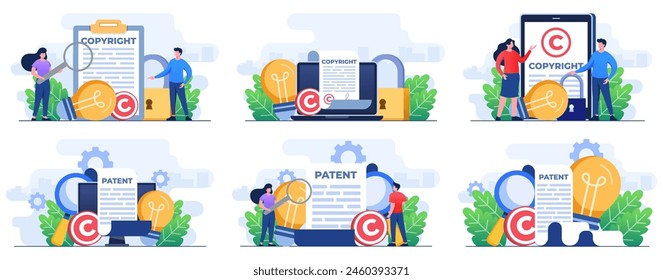  Conjunto de ilustraciones planas Derechos de autor de la ley de patentes, Derechos de autor reservado, protección patentada, Propiedad intelectual, símbolo del Derechos de autor, documento legal Electrónica, ley digital 