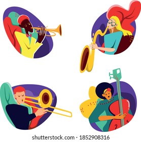 Set of flat illustrations of people withs musical instruments - jazz band