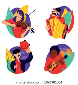 Conjunto de ilustraciones planas de personas con instrumentos musicales: violín, acordeón, ukulele y tambourine - banda de jazz