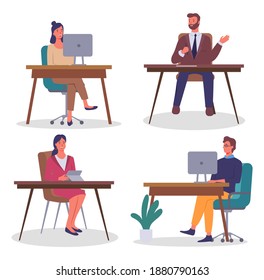 Set of flat illustrations. People working with computers, digital tablet. Executive businessman holding pen and document on table. Office workers, employees, business persons, women and men at work