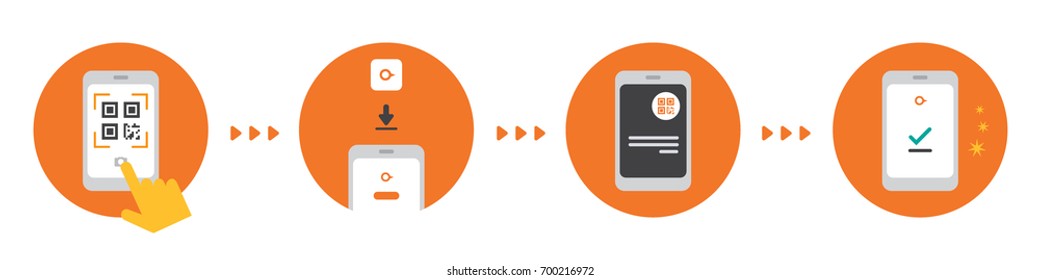 Set Of Flat Illustrations With Phone's Screen. Sequencing In The Work With The App's Interface. QR-code, Downloading App, Entrance, Successful Payment.