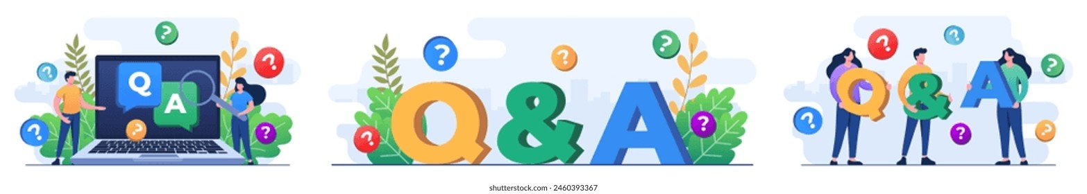 Set of flat illustrations of questions and answers, Frequently asked questions, FAQ, QA