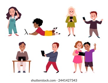 A set of flat illustrations showing how children use their gadgets to communicate, play and study. Versatile for digital educational content. Children's digital addiction.