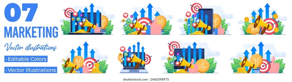 Set of flat illustrations of social media marketing strategy, Digital marketing agency, Startup business, promotion, E-commerce, Online social media marketing campaign
