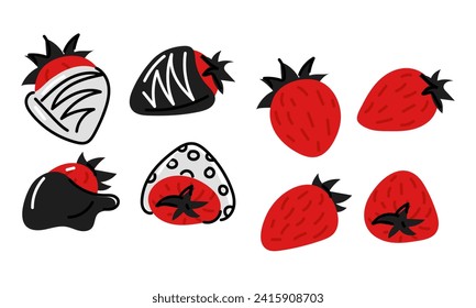 Conjunto de ilustraciones planas de fresas en chocolate y sin, hechas en colores rojo y negro. Berry fresca. Gráficos vectoriales. Día de San Valentín aisló bayas dulces de diferentes lados en diferentes