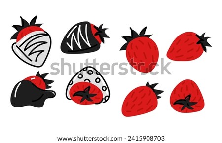 Set of flat illustrations of strawberries in chocolate and without, made in red and black colors. Fresh berry. Vector graphics. Valentine's Day isolated sweet berries from different sides in different