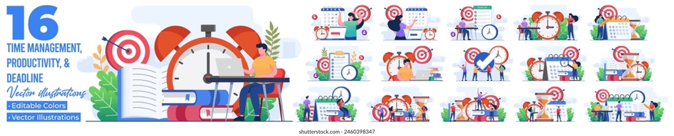 Set of flat illustrations of students preparing for exams, student learning before exam day, Exam deadline with hourglass, deadline, productivity, time management
