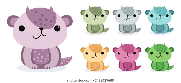 Set of flat illustrations of stylized dragons or small dinosaurs. Cartoon baby dragon, cute character for kids. Vector illustration