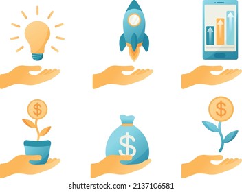 Set of flat illustrations of successful business launch and financial growth concept. The hand is holding an object.