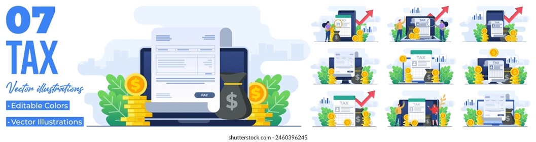 Set of flat illustrations of tax payment, Paperwork, Tax form, Audit, Financial Accounting, Calculation of tax return, State taxes, Tax planning, Due date, Calculate salary, Budget
