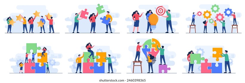  Set of flat illustrations of Teamwork, Partnership, Cooperation, Achievement, Solution, Problem-solving, New idea 