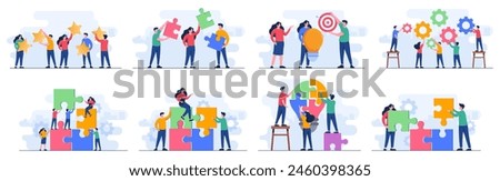  Set of flat illustrations of Teamwork, Partnership, Cooperation, Achievement, Solution, Problem-solving, New idea 