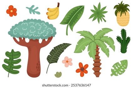 Conjunto de ilustrações planas com desenhos animados de plantas tropicais para crianças. Coleção de baobás, palmeiras, folhas tropicais, cactos e outros elementos, para crianças