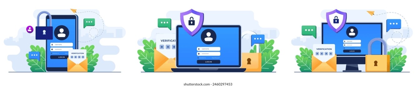 Set of flat illustrations of two-step verification, OTP, Authentication password, One-time password for secure website account login, Login page on device screen