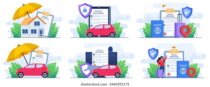 Set of flat illustrations of Vehicle insurance, Property security, Financial protection, Real estate insurance policy, Car safety, assistance and protection, Travel insurance, Flight Insurance