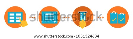 Set of flat illustrations with Vending Machine's screen and paying by credit card. Sequencing in the work with the machine interface. Choosing a product, a list, successful payment and purchases.