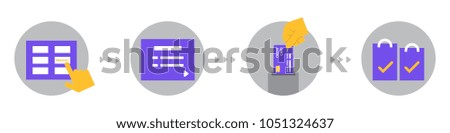 Set of flat illustrations with Vending Machine's screen and paying by credit card. Sequencing in the work with the machine interface. Choosing a product, a list, successful payment and purchases.