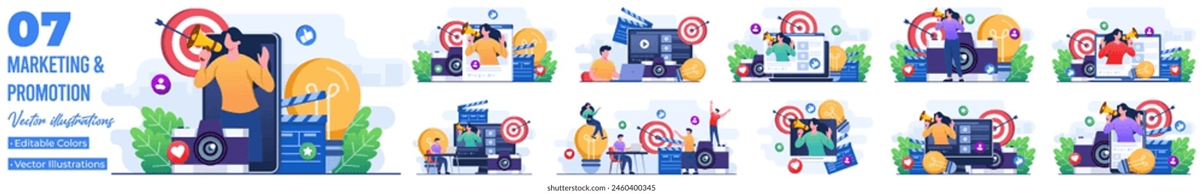 Set of flat illustrations of video advertising, Video marketing, Digital marketing, Social media marketing, business promotion, E-commerce, Influencer marketing, Endorsement, Strategy 
