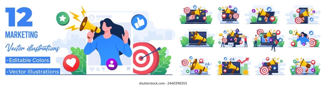 Set of flat illustrations of video marketing, social media campaign, e-commerce, influencer marketing, blogger, promotion, Digital marketing
