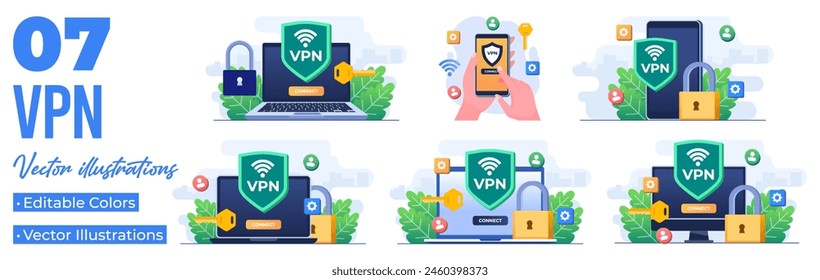 Conjunto de ilustraciones planas de red privada virtual, tráfico de Web seguro, transferencia de datos cifrada, acceso VPN, protección de datos personales digitales
