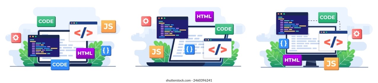 Set of flat illustrations of web development, Web design, Computer programming, Mobile application design, Coding, Software, programming languages, website 