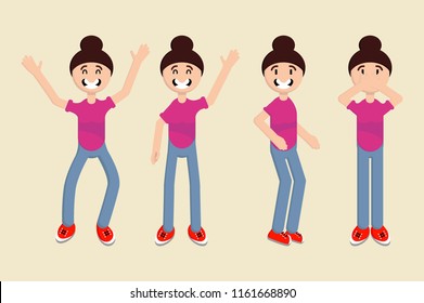 Set of flat illustrations of a woman in different poses on light background.