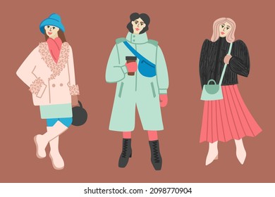 Set of flat illustrations of women in casual winter clothes and shoes. Girls in fashionable casual and business style clothes, fur coat, oversize coat, high boots, shoulder bags