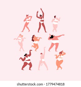 Set of flat illustrations of women of different sizes and ethnicities dancing and posing wearing white underwear. Body positive concept
