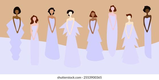 Set of flat illustrations of women with different skin tones in purple, lavender dresses.Illustration celebrating International Women's Day