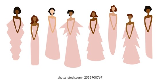 Set of flat illustrations of women with different skin tones in pink dresses on a white backgrond.Illustration celebrating International Women's Day