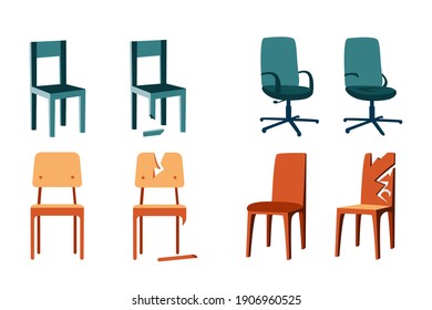 Set of flat illustrations of wooden chairs on a white background. Office chairs, school chairs. Broken chair repair. Shabby, battered chairs. New design, cartoon style illustration.