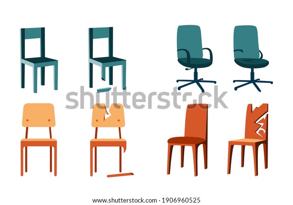 白い背景に木の椅子の平らなイラストセット オフィスの椅子 学校の椅子 壊れた椅子の修理 ぼろぼろの椅子 新しいデザイン 漫画スタイルのイラスト のベクター画像素材 ロイヤリティフリー