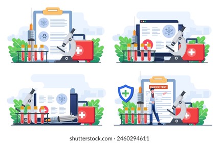 Set of flat illustrations of World AIDS Day concepts, Medical doctors with an HIV test tube are researching AIDS, Red Ribbon to raise awareness of the AIDS epidemic 