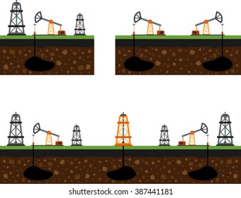 Set of flat image of oil rigs and oilfield