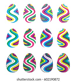 Set of flat images of Easter eggs decorated in wavy stripes of various colors
