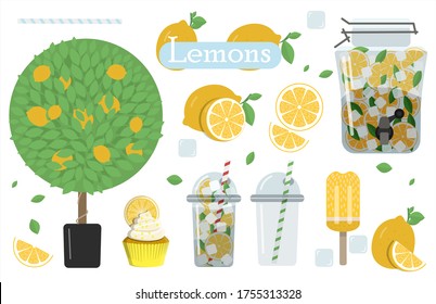 A set of flat images with lemons and lemonade. Vector illustration of a glass of lemonade with ice and mint to take away, lemons cut and whole, lemon tree, cake and ice cream. A set of all types and