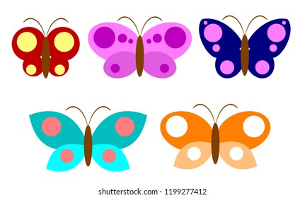 Set of flat images of multicolored butterflies