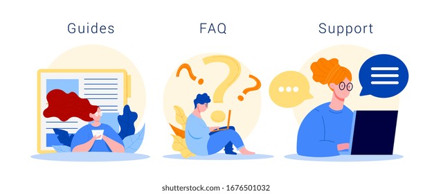 Set of flat images of people working in info center, asking questions and providing information. Guides, FAQ and Support. Vector on white background