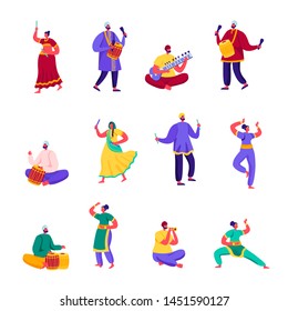 Set of Flat Indian Street Artists Characters. Cartoon People Musicians and Dancers in Colorful Dress Performing on Street Playing Traditional Instruments. Vector Illustration.