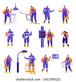 Set of Flat Industry and Smart Home Maintenance Service Workers Characters. Cartoon People Engineer Control Pipe, Solar Panel, Manometer, Technician Engineering. Vector Illustration.