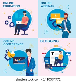 Set Flat Inscription Online Education, Blogging. Vector Illustration Is Written Online Webinar And Conference Cartoon. Man Presents An Announcement On Upcoming Conference Or Webinar.