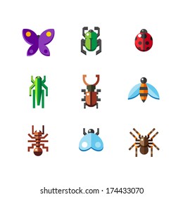 A set of flat insect bug icons, including ladybird 