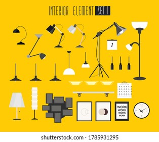 A set of flat interior elements for creating business scenes. Lamps, lighting and decor.