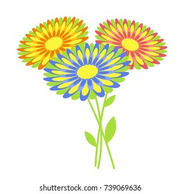 Set of flat isolated abstract color flowers in a bouquet on a white background. Simple design for decoration
