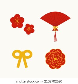 Set of flat isolated Asian festive elements, flowers, bow knot, sensu fan. Chinese, Japanese design icon for decoration, greeting card, banner. Vector illustration EPS